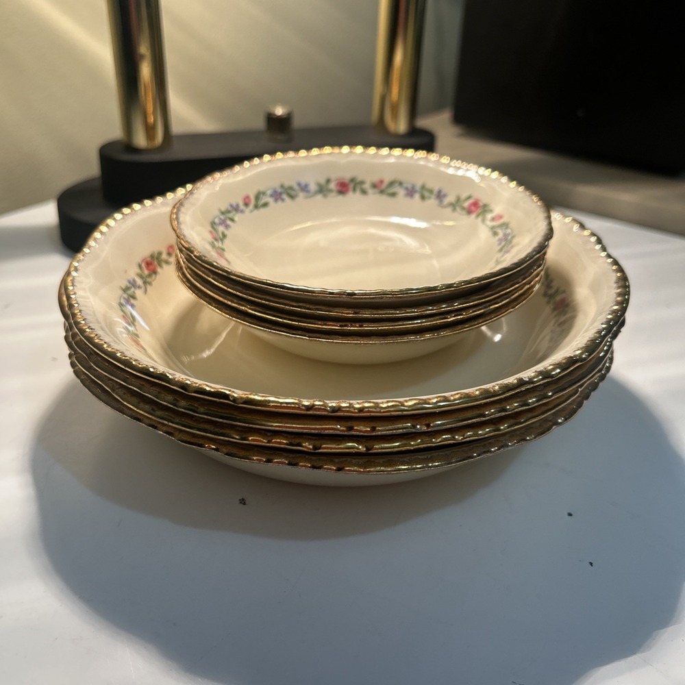 Vintage Ridgways Staffordshire Bowl Set 8 Pcs Floral 22kt Gold England